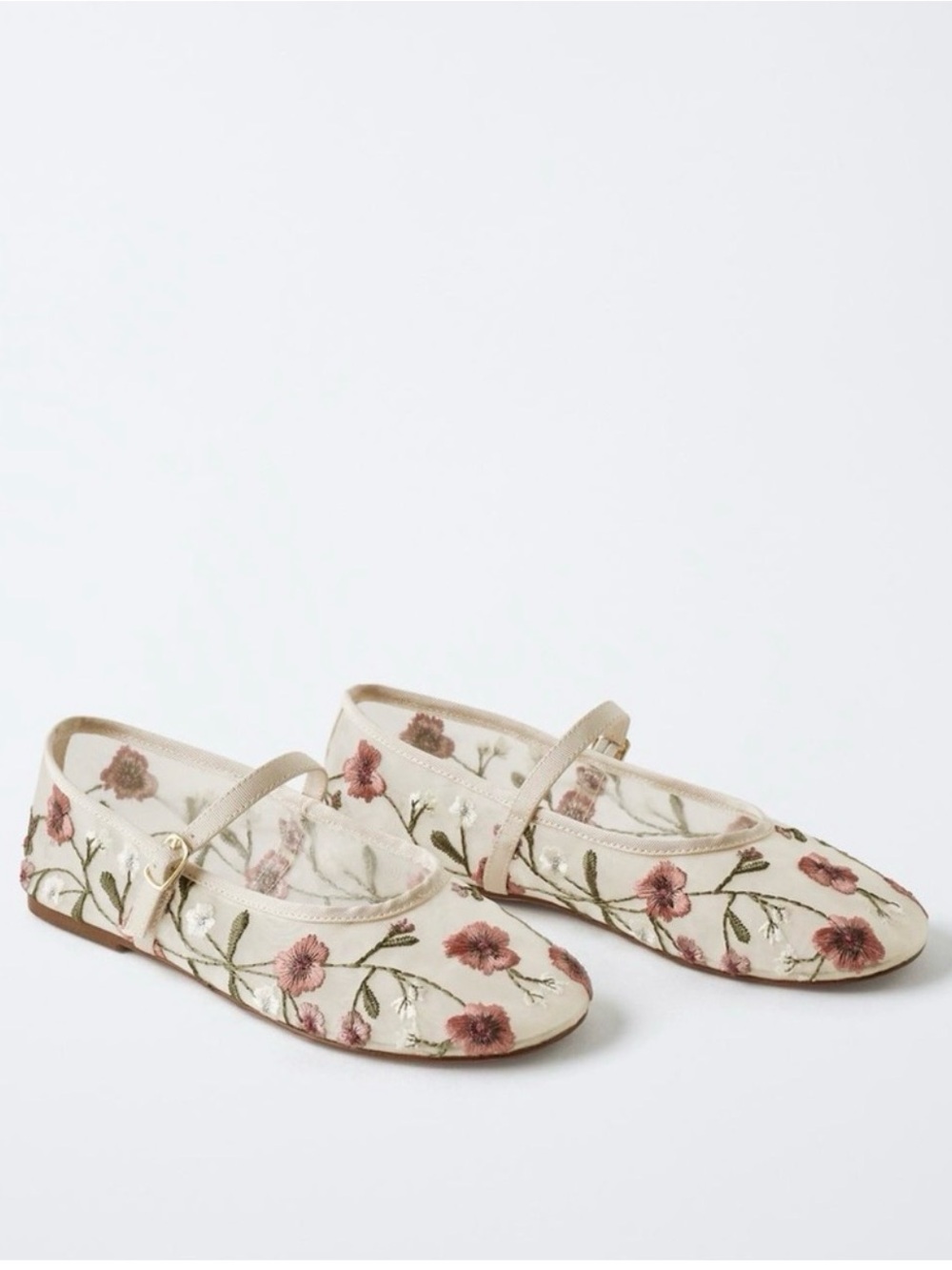 Zara Floral Embroidered Sheer Mary Jane Flats 37 6.5